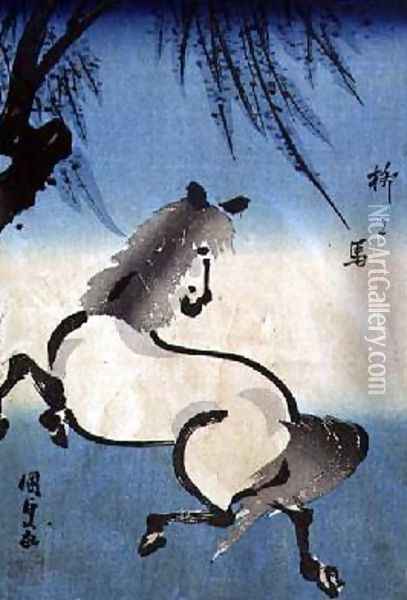 Prancing Horse beneath a Willow Tree Oil Painting - Utagawa Kunisada