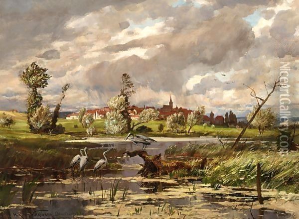 Herons At The Waterside, A Town Beyond Oil Painting - Hans Richard Von Volkmann