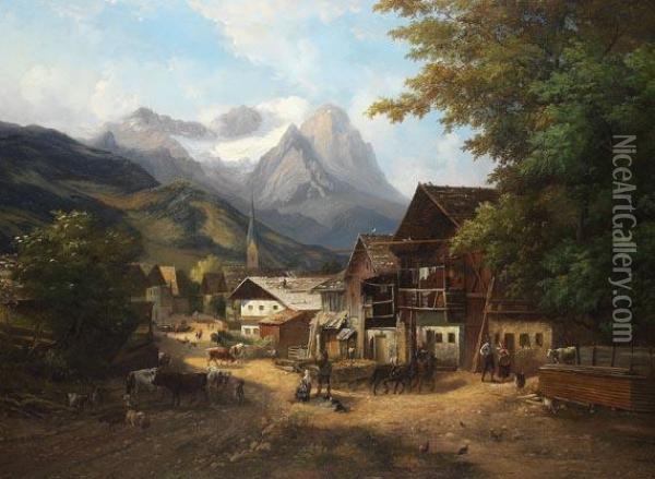 Tiroler Berge Mit Viehstaffage Oil Painting - Christian Grabau