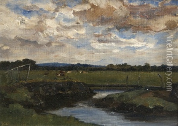 Cattle In A Field By A River Oil Painting - John Crampton Walker