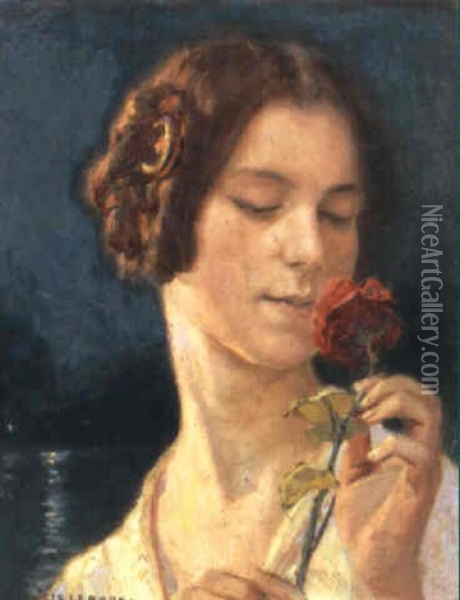 Jeune Femme A La Rose Oil Painting - Auguste Leroux