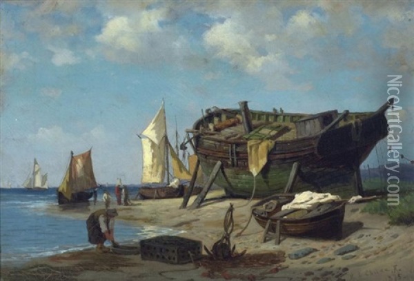 Boats And Figures On The Shore Oil Painting - Henry Chase