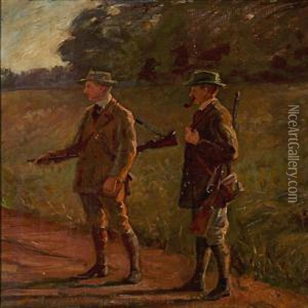 Two Hunters On A Road Oil Painting - Peter Hans Wilhard