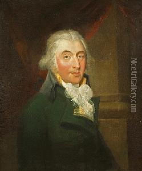 A Portrait Of A Gentleman, Half-length, In A Green Coat Oil Painting - Thomas Beach