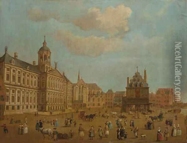 Numerous townfolk on the Damsquare, Amsterdam Oil Painting - Dutch School