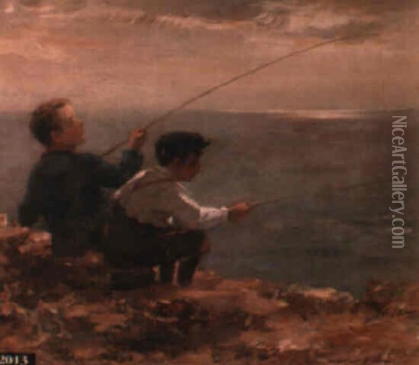 Boys Fishing Oil Painting - William Marshall Brown