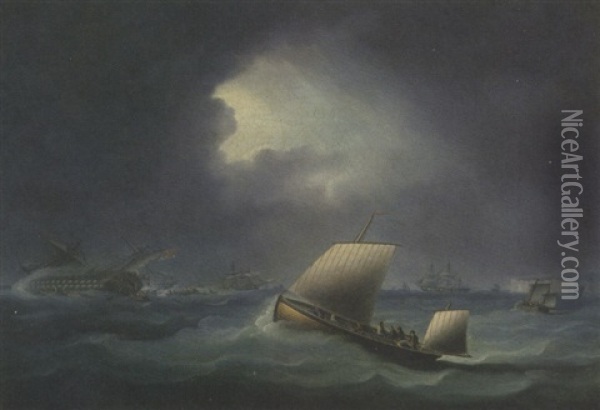 A British Warship And Other Shipping In The Channel Caught In A Gale With A Pilot Lugger Going To Rescue Oil Painting - Thomas Buttersworth