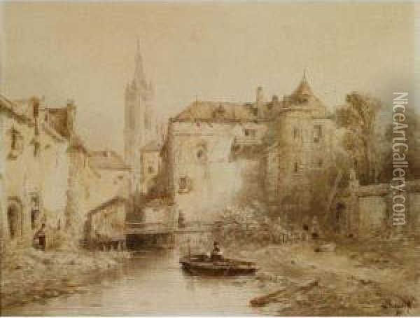A View Of A Town With A Bell Tower In The Background Oil Painting - Salomon Leonardus Verveer
