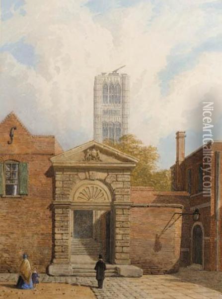 The Gateway Of Westminster School With Works In Progress To Thetower Beyond Oil Painting - George Pyne