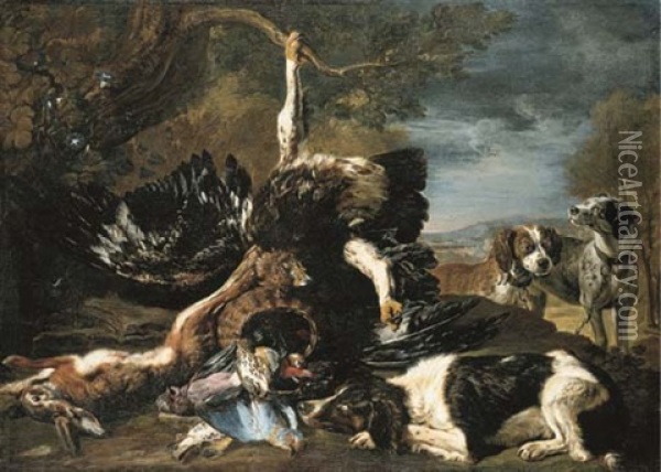 A Spaniel, An Eagle, A Hare And A Wicker Basket With A Jay, Finches And Other Birds Overlooked By Two Hounds, A Mountainous Landscape... Oil Painting - David de Coninck
