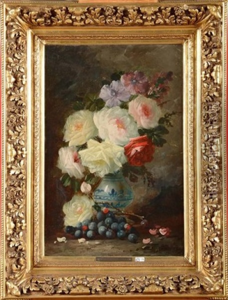 Nature Morte Au Vase De Roses Et Aux Raisins Oil Painting - Max Carlier