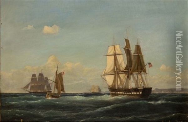 A Frigate Of The U.s. Navy Hove To Off The Danish Coast Oil Painting - Carl Ludwig Bille