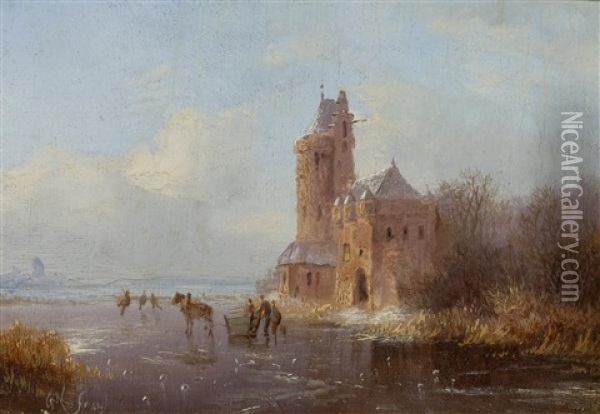 A Winter Landscape With Figures On A Frozen Lake Oil Painting - Frederik Marinus Kruseman