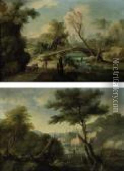 A Wooded River Landscape With 
Travellers Approaching A Bridge And An Angler Seated On A Bank Oil Painting - Paolo Anesi