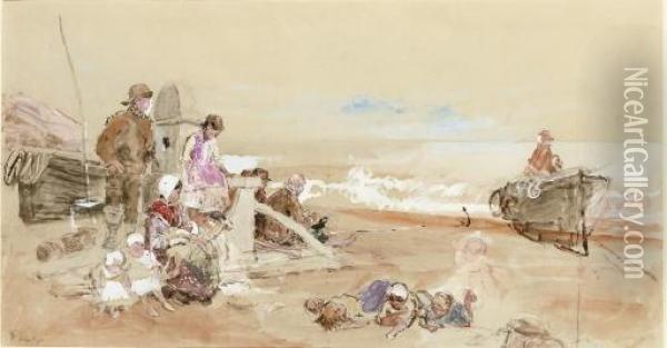 Figures Waiting On The Shore At Hastings Oil Painting - Myles Birket Foster