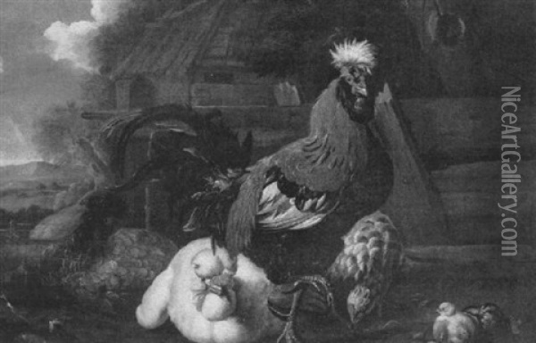 Fowl In A Farmyard Oil Painting - Melchior de Hondecoeter
