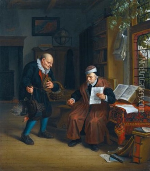 A Peasant Offering Poultry To A Lawyer Oil Painting - Michiel van Musscher
