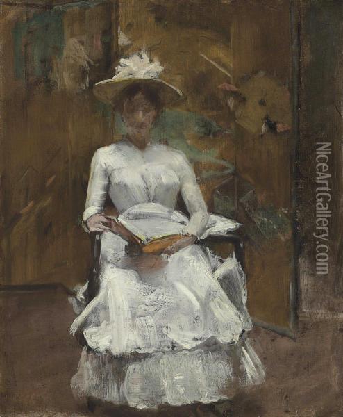 Lady In White Oil Painting - William Merritt Chase