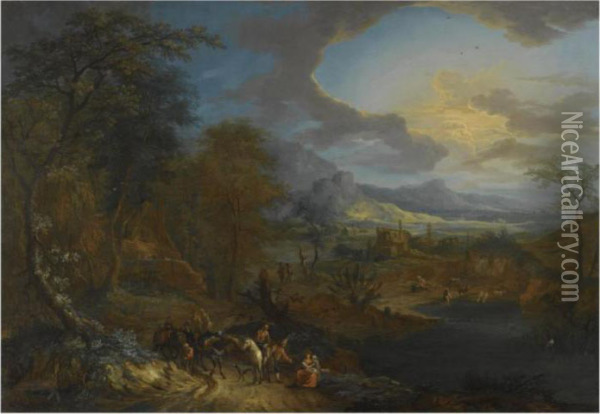 An Extensive Rhenish Landscape 
With Travellers And Their Horses Ona Path In The Foreground Oil Painting - Franz Christoph Janneck