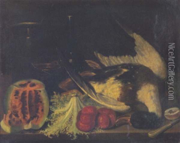 Tischstillleben Mit Topfen, Obst, Gemuse Und Einer Ente Oil Painting - Giuseppe Lanfranchi