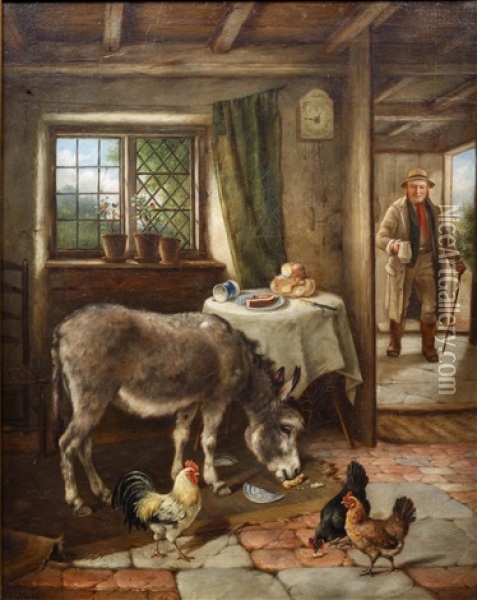 Cottage Interior With Donkey And Poultry Oil Painting - Charles Hunt