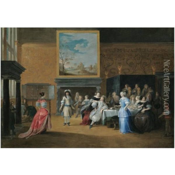 A Palatial Interior With Elegant Figures Dancing And Banqueting Oil Painting - Hieronymous (Den Danser) Janssens