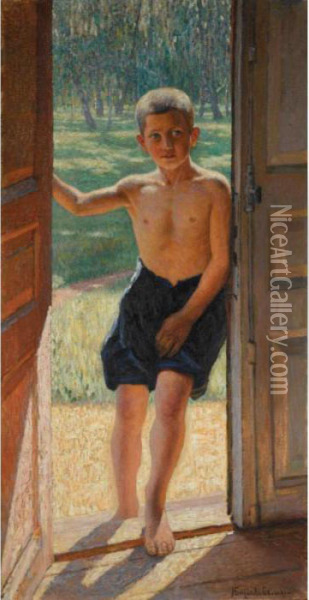 Young Boy In A Doorway Oil Painting - Nikolai Petrovich Bogdanov-Belsky