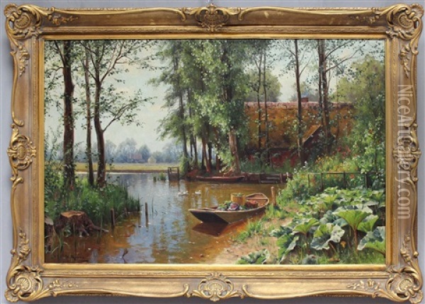 Spreewald Mit Bauernhaus An Kanal Mit Boot Oil Painting - Walter Moras