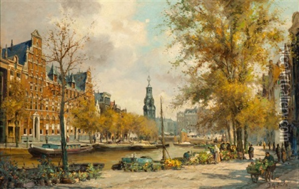 View Of The Flower Market On The Singel With The Munttoren In The Background, Amsterdam Oil Painting - Jan Geerard Smits
