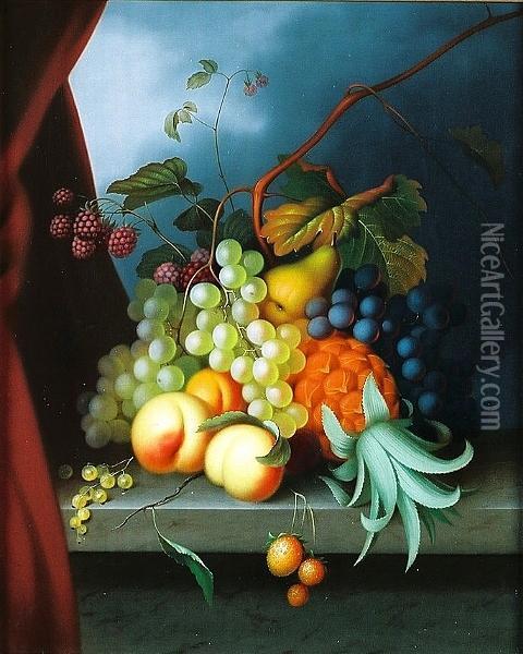 Still Life With Pineapple, Grapes And Peaches On A Marble Ledge Oil Painting - William Sartorius