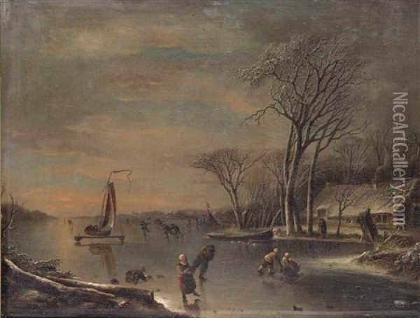 A Frozen River Landscape, With Skaters And Children On The Ice By A Cottage Oil Painting - Andries Vermeulen