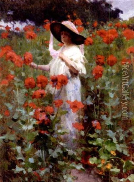 Jeunne Femme Dans Les Fleurs Oil Painting - Alexandre Francois Bonnardel