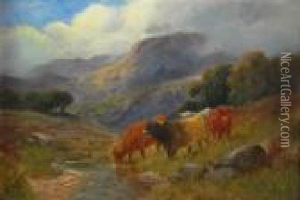 Highland Cattle Watering In A Mountain Stream Oil Painting - William Langley