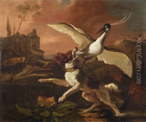 Hunting Scene With Landseer And Heron Oil Painting - Abraham Danielsz Hondius