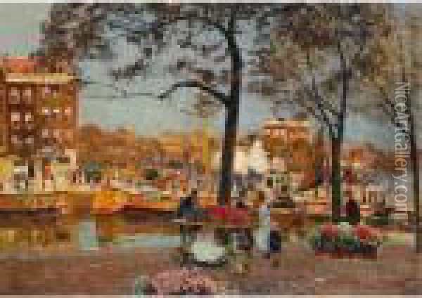 The Flower Market, Amsterdam Oil Painting - Heinrich Hermanns