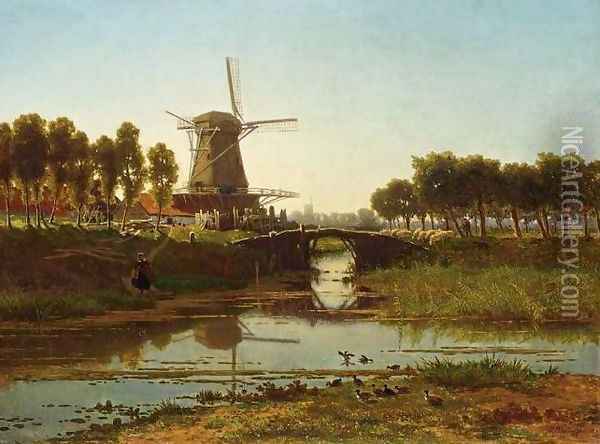 Windmill in a Summer Landscape Oil Painting - Gerrit Alexander Godart Mollinger