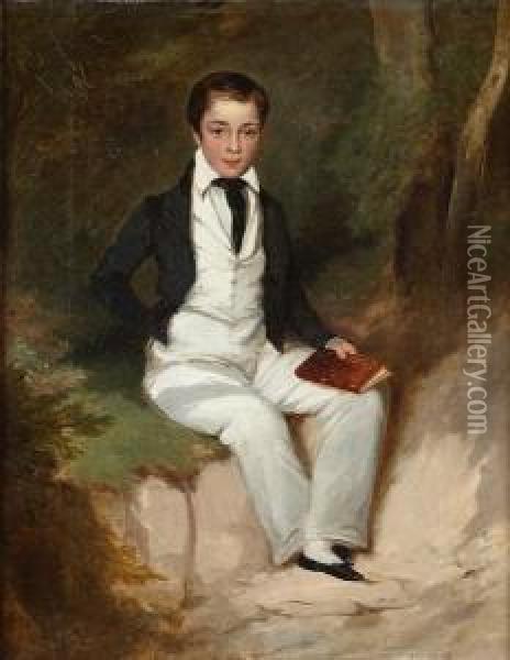 A Portrait Of A Young Boy Seated With A Bookin A Wooded Landscape Oil Painting - W. Wattreys