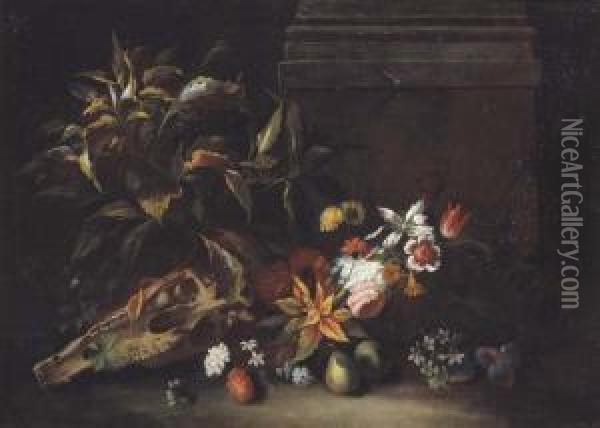 Natura Morta Con Fiori, Frutta E Cranio Di Cavallo Oil Painting - Niccolino Van Houbraken