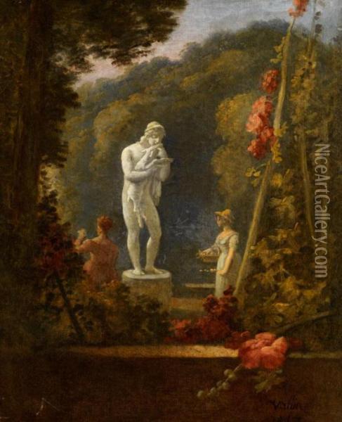 Park Mit Marmorfigur Und Zwei Frauen Beim Blumenpflucken Oil Painting - Jacques Antoine Vallin