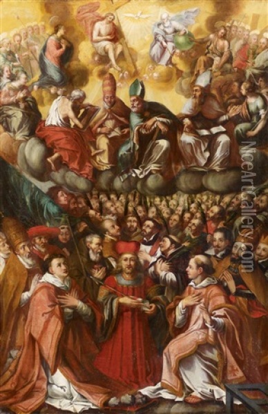 Allerheiligenaltar Mit Der Dreifaltigkeit Und Zahlreichen Heiligen Oil Painting - Thomas Christian Scheffler