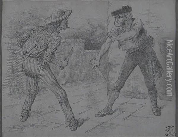 U. S. And Spain As Two Men Confronting Each Other With Knives. Oil Painting - John Tenniel