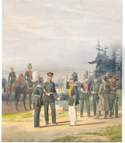 Russian Officers And Men Oil Painting - Piotr Ivanovich Balashov