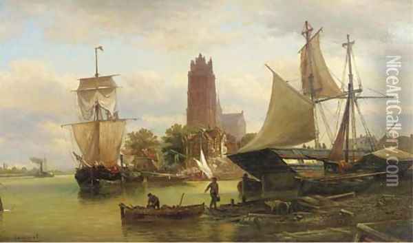 Moored sailing vessels at Dordrecht harbour Oil Painting - Elias Pieter van Bommel