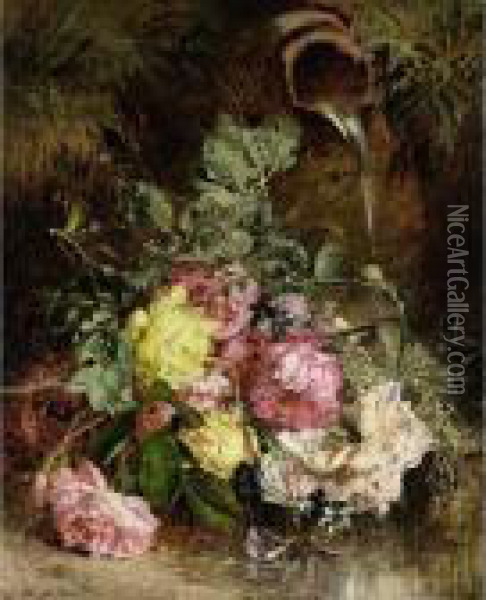A Bunch Of Flowers By A Well Oil Painting - Anna Peters