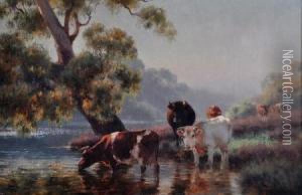 cattle By A Stream Oil Painting - Jan Hendrik Scheltema