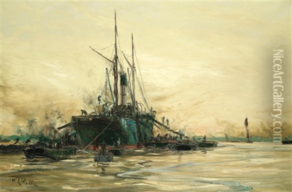 Sandsend Of London Discharging Coal Oil Painting - William Lionel Wyllie