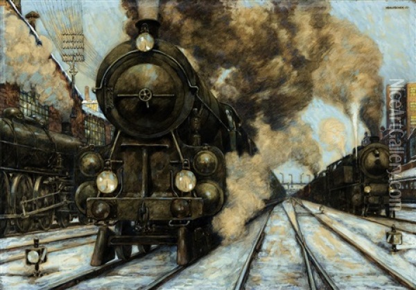 Lokomotiven Oil Painting - Hans Baluschek