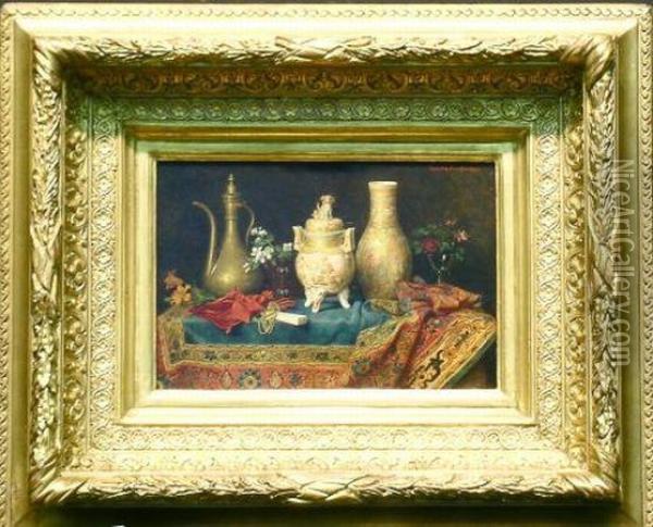 Still Life With Japanese Vase, Persian Ewer, Carved Ivory Fan Andother Decorative Objests Oil Painting - Camilla Friedlander