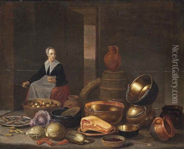 A Kitchen Maid Cutting Vegetables Amongst Cauliflower, Roots, Fish, Meat, Berries And Copper Pots And Pans In A Kitchen Oil Painting - Floris Gerritsz. van Schooten