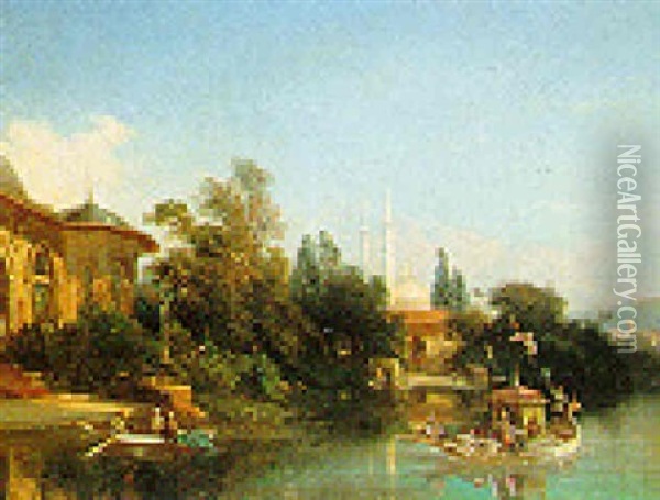 A Rowing Boat By A Mosque Oil Painting - Theophile Victor Emile Lemmens
